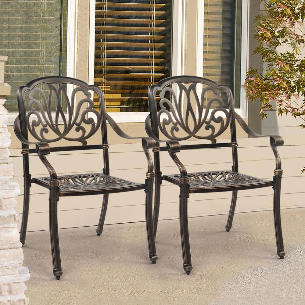 Antique Bronze Cast Aluminum Outdoor Dining Armchairs, Set of 2