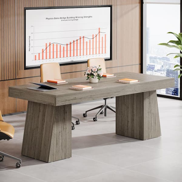 BYBLIGHT Moronia 55.1 in. Rectangle Gray Wood Desk with Thick Tabletop and Double Trapezoidal Legs, Wood Seminar Office Desk