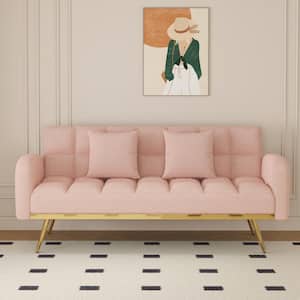 69 in. Pink Teddy Fabric Twin Size Adjustable Sofa Bed with 2 Pillows