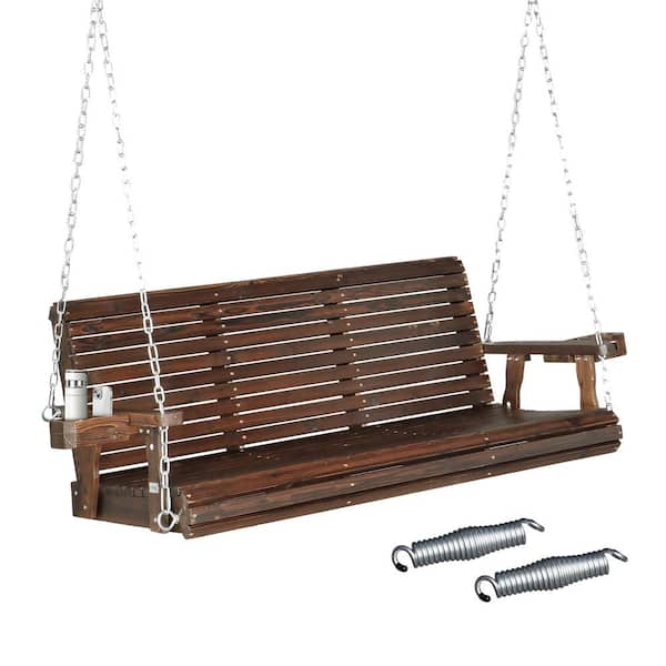 VINGLI 5 ft. 3-Person Rustic Pine Wood Porch Swing with XL Seat and Back Size and Cup Holders and Phone Slots, Support 880 lbs.