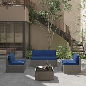 5-Piece Wicker Outdoor Patio Sectional Sofa Conversation Set with Coffee Table and Blue Cushions