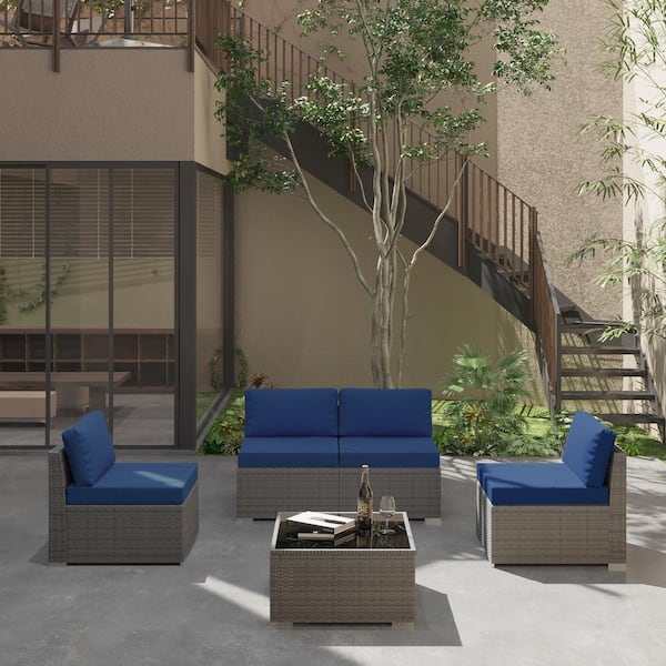 Gardenbee 5-Piece Wicker Outdoor Patio Sectional Sofa Conversation Set with Coffee Table and Blue Cushions