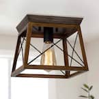 Farmhouse Rustic Black 1-Light Flush Mount Ceiling Light with Faux Wood Accent Square Cage Shade