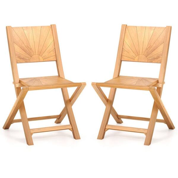 2 Pieces Teak Wood Folding Patio Outdoor Dining Chairs with Inclined Backrest in Natural Brown