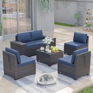 6-Piece Wicker Outdoor Sectional Set with Glass Coffee Table and Navy Blue Cushions