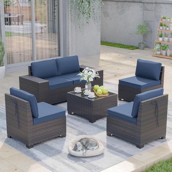 Halmuz 6-Piece Wicker Outdoor Sectional Set with Glass Coffee Table and Navy Blue Cushions