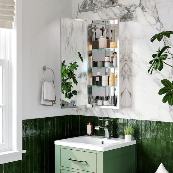 WYonder 12 in. W x 30 in. H Rectangular Aluminum Recessed/Surface Mount (Reversible) Medicine Cabinet with Mirror