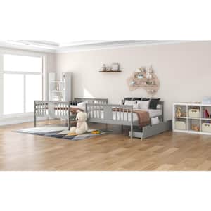 Gray Full Over Full Bunk Bed with Drawers and Ladder for Bedroom, Guest Room Furniture