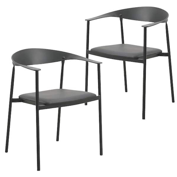 Leisuremod Kora Dining Chair Upholstered in Leather with Stainless Steel Frame and Legs Set of 2 in Black
