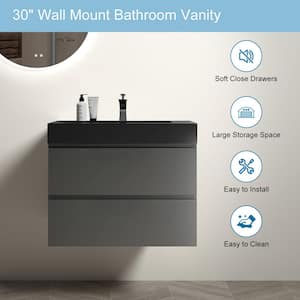 NOBLE 30 in. W x 18 in. D x 25 in. H Single Sink Floating Bath Vanity in Gray with Black Solid Surface Top (No Faucet)
