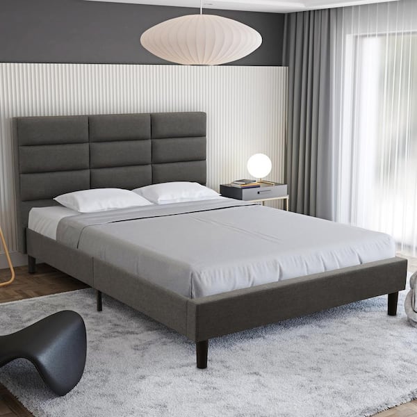 PRIMO INTERNATIONAL Roncy Dark Grey Upholstered Full Platform Bed Frame with Panel Headboard