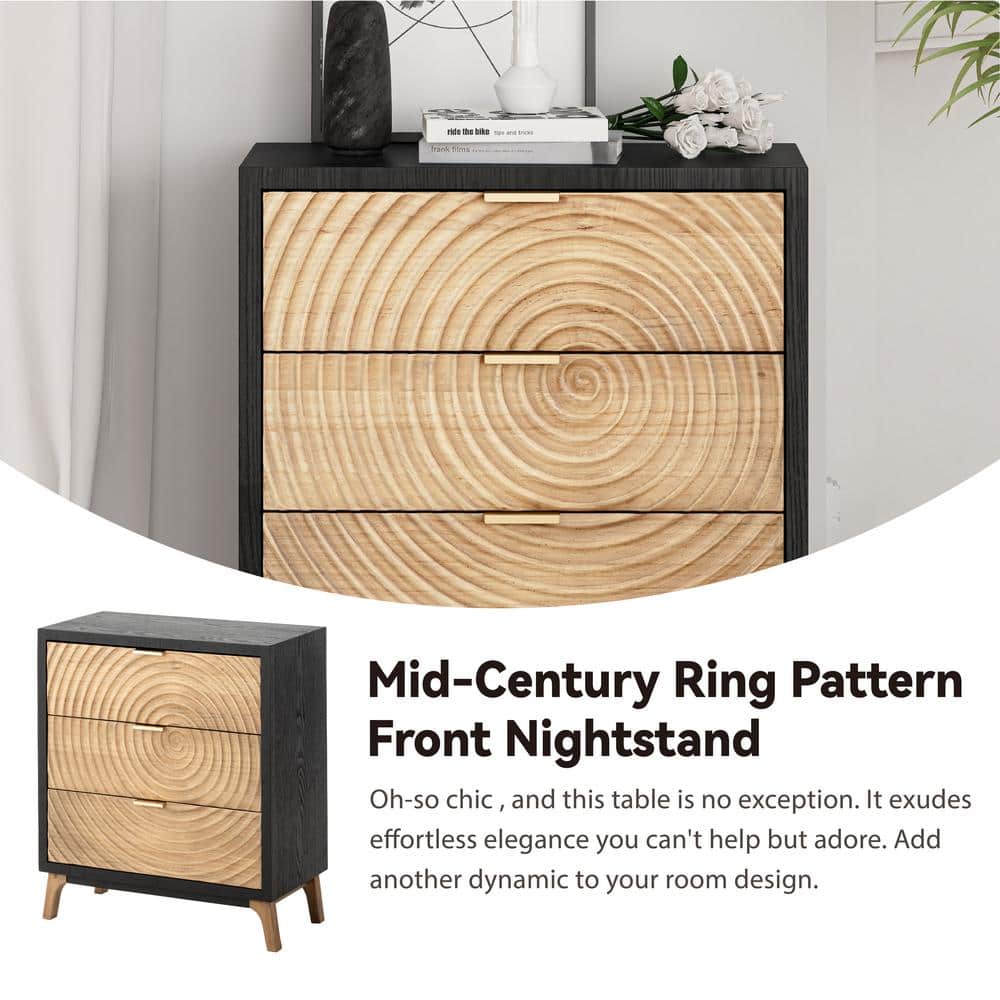 Black and Natural Wood 3-Drawer Nightstand with Ring Motif