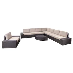 9-Piece Faux Rattan Patio Sectional Seating Set with Beige Cushions