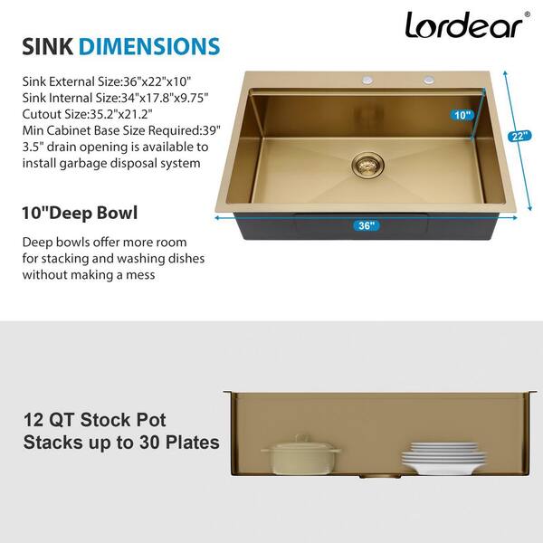 Lordear Drop-in 36-in X 22-in Stainless Steel Double Offset Bowl 16 Gauge Workstation Kitchen Sink - View #2