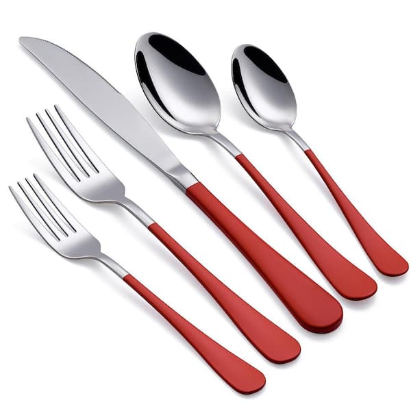 Unbranded 20-Piece Stainless Steel Serving Set Red Handle 18/0 Cutlery Set Service for 4, Unique Set and Dishwasher Safe