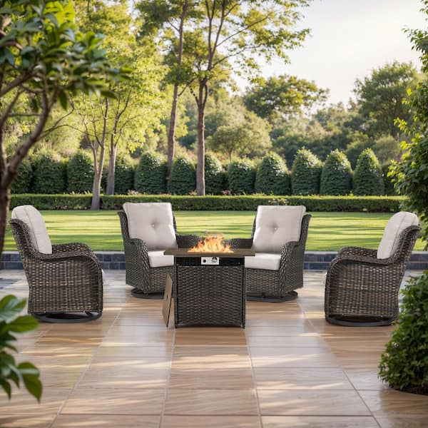 Arcline Brown 5-Piece Wicker Outdoor Dining Set with Olefin Beige Cushions Fire Pit Sets with Swivel Gliders for Patio