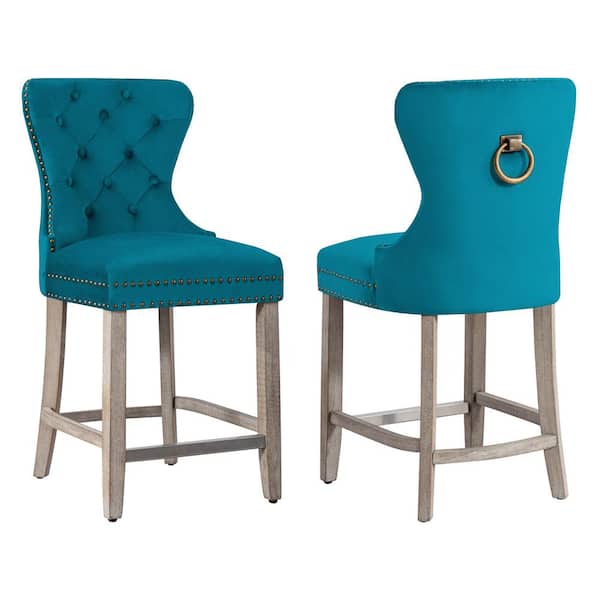 WESTINFURNITURE Harper 24 in. in Teal Velvet Tufted Wingback Kitchen Counter Bar Stool with Solid Wood Frame in Antique Gray (Set of 2)