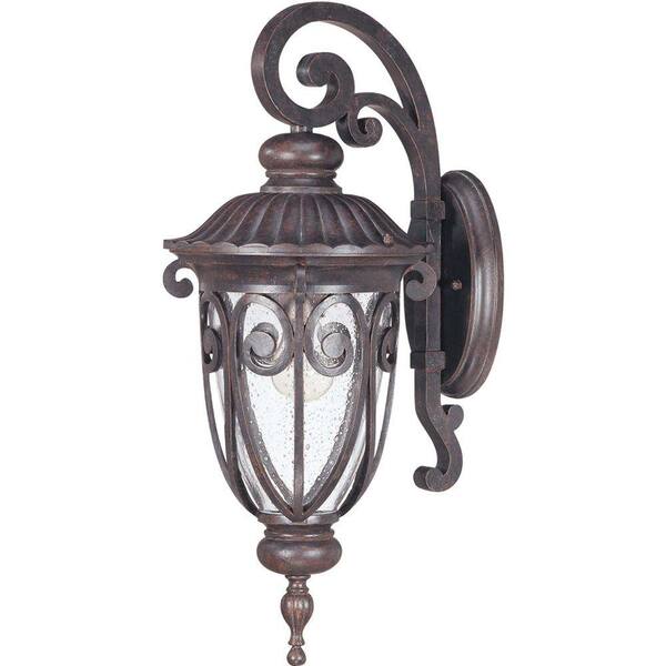Glomar 1-Light Outdoor Burlwood Mid-Size Wall Lantern Sconce Arm Down with Seeded Glass