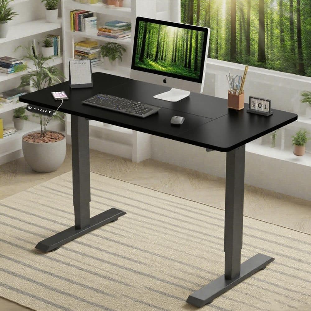 Black Computer Electric Standing Desk, Height Adjustable Desk for Office, 55" Lift-up Modern Luxiury Table
