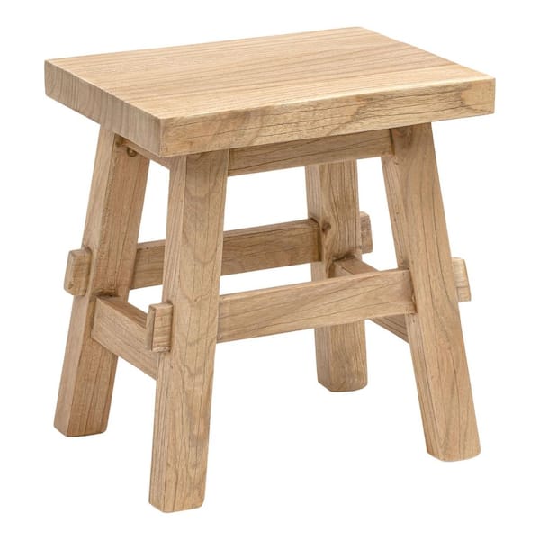 Revine 16.9 in. H Rustic Farmhouse Solid Mindi Wood Handcrafted Accent Stool, Natural