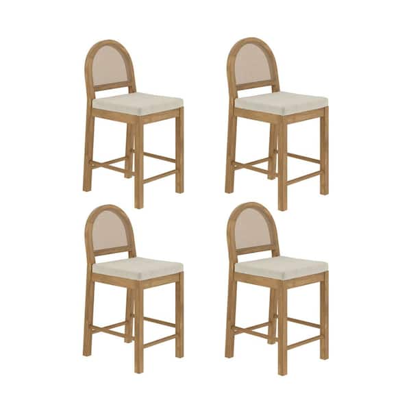 Bailey 24 in. Upholstered Boucle Rattan and Wood Counter Height Bar Stool w/ Woven Back, Cream Boucle/Brown, Set of 4