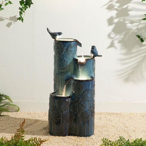 26.25 in. H 4-Tier Turquoise Dandelion Texture Vase-Shaped Ceramic Outdoor Floor Fountain with Birds, Pump and LED Light