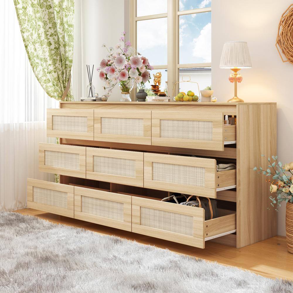 Rattan Wood Finish 9-Drawer 62.9 in. x 15.7 in. x 31.9 in. Dresser, Wooden Chest of Drawers for Bedroom, Living Room - thumbnail 9