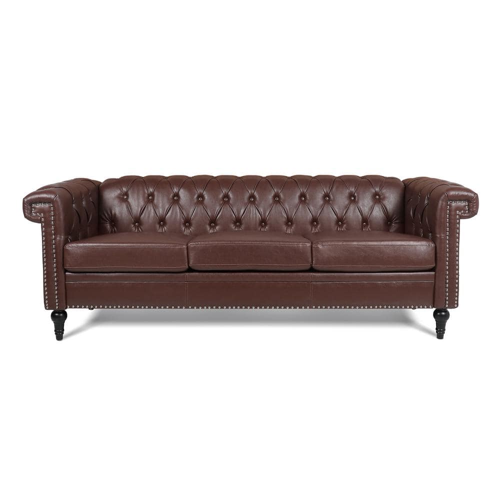 83 in.W 3-Seat Modern Rolled Arm Faux Leather Straight Tufted Sofa in Brown