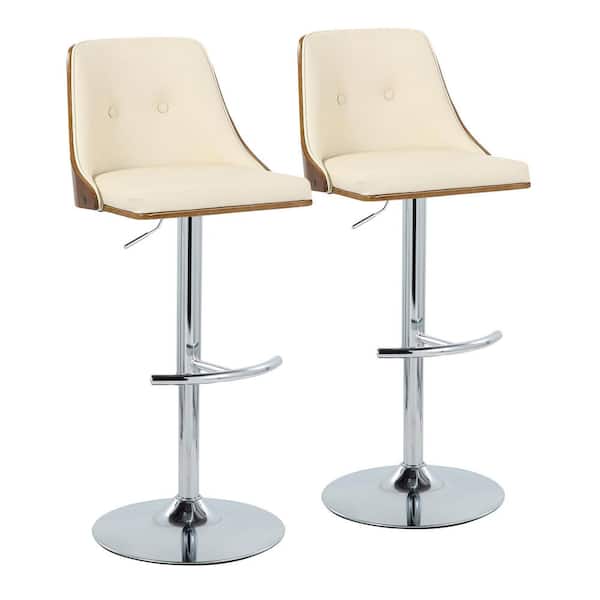 Lumisource Gianna 32.75 in. Cream Faux Leather, Walnut Wood and Chrome Metal Adjustable Bar Stool (Set of 2)