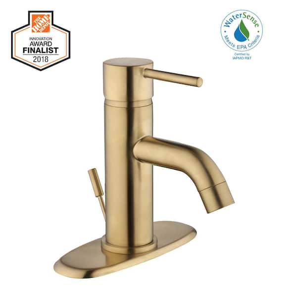 Shop Modern Single Hole Single-Handle Low-Arc Bathroom Faucet in Matte Gold from Home Depot on Openhaus