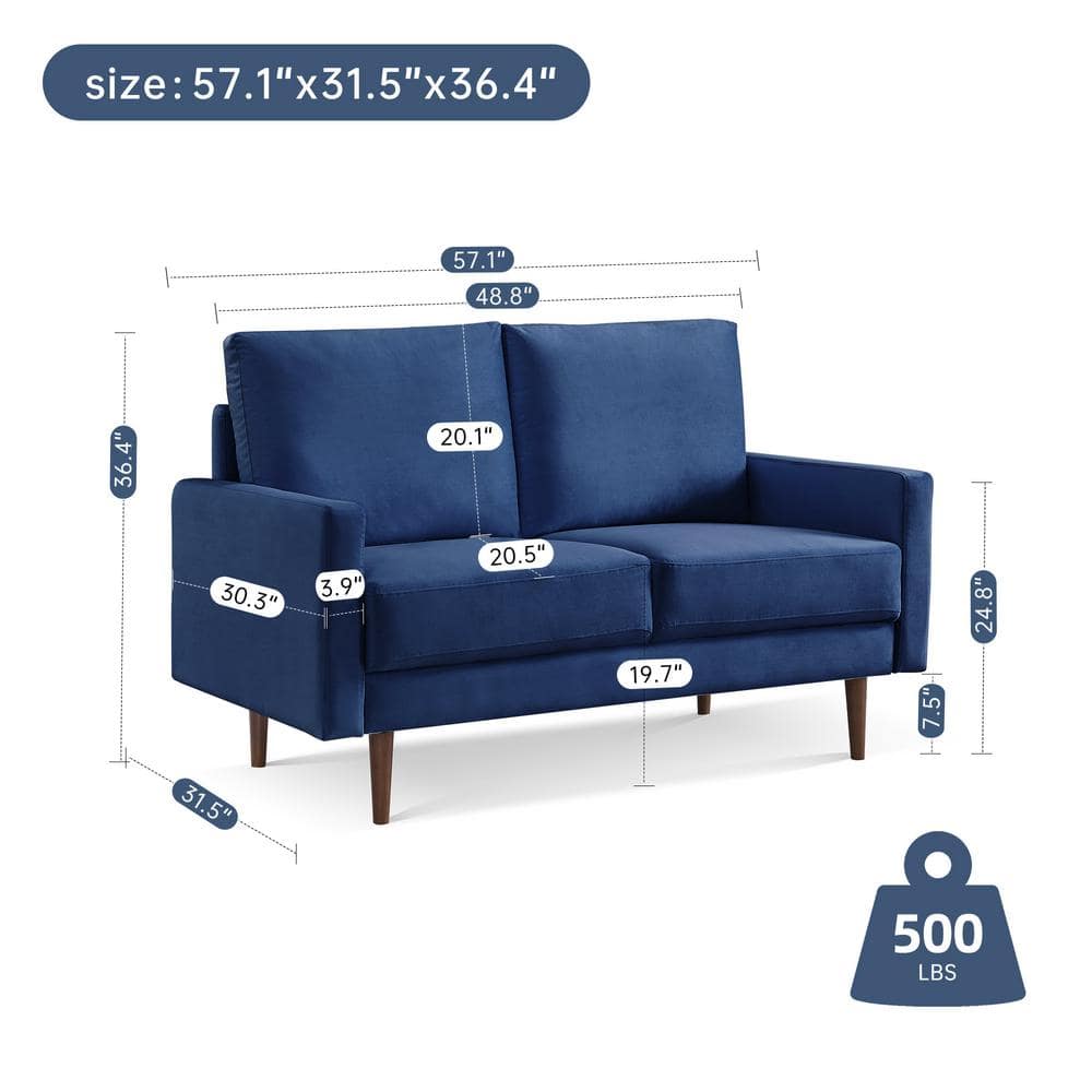 Modern Blue Velvet 57" Loveseat with Square Arms