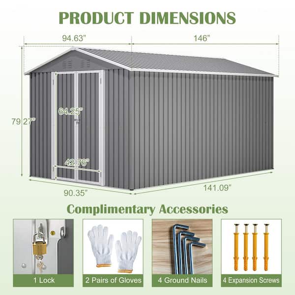 SpassWay 12.2 ft. x 7.5 ft. Outdoor Storage Shed-Heavy-Duty Metal
