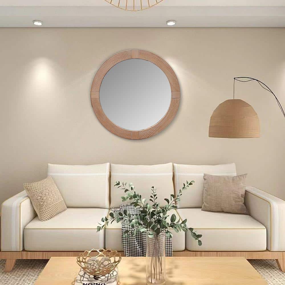31.5" Round Natural Wood Framed Decorative Mirror