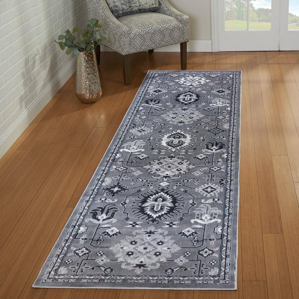 Gray Synthetic Stain-Resistant Oriental Runner Rug 2'6" x 8'