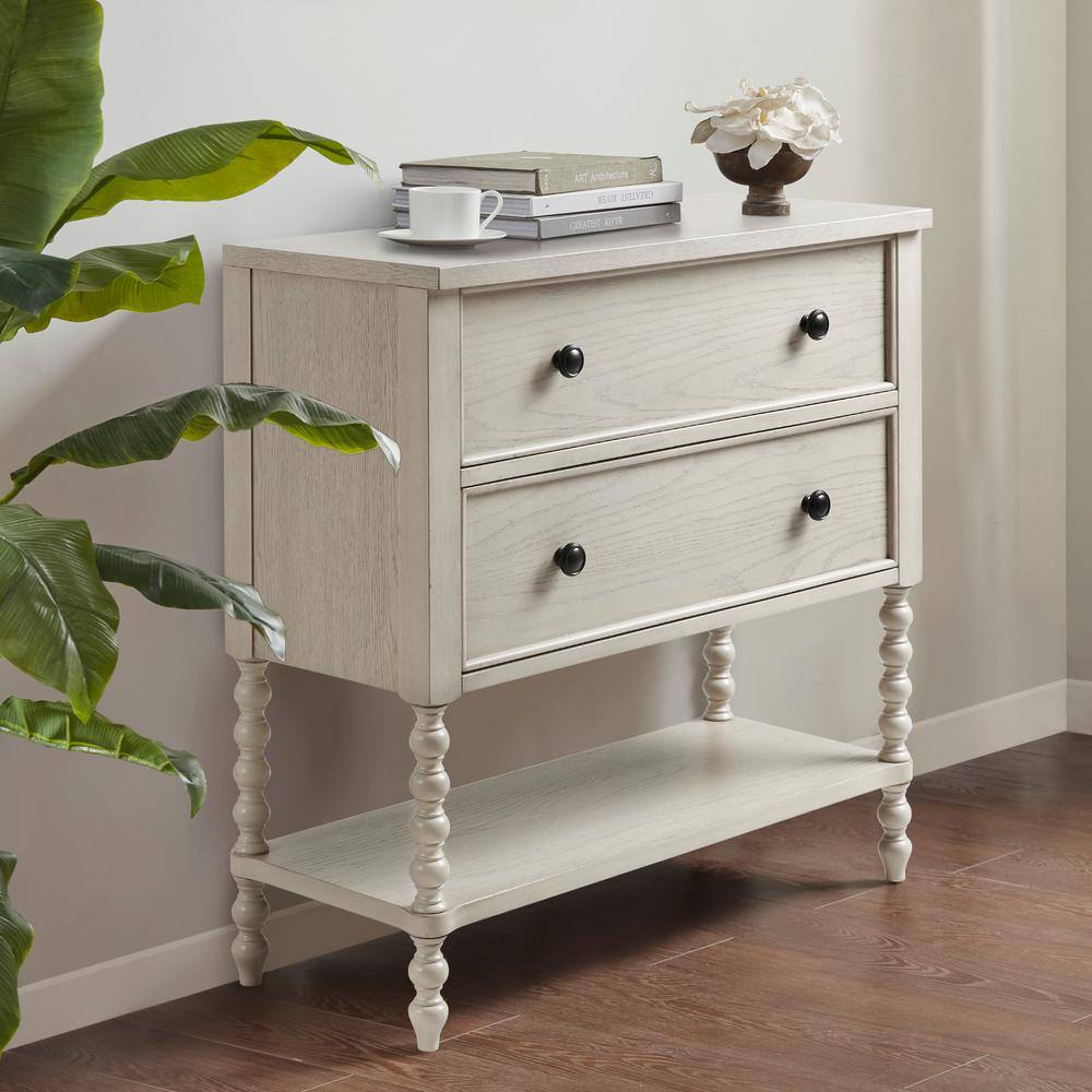 Antique White Acacia Double Drawer Chest with Spindle Legs