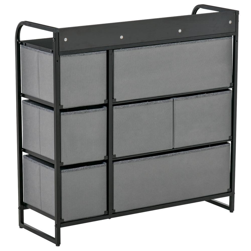 Gray Fabric 7-Drawer Dresser with Dark Wood Top and Steel Frame