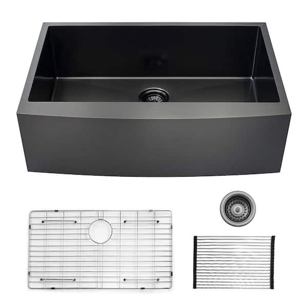 JimsMaison Gunmetal Black Stainless Steel 30 in. Single Bowl Farmhouse Apron Kitchen Sink with Bottom Grid and Strainer