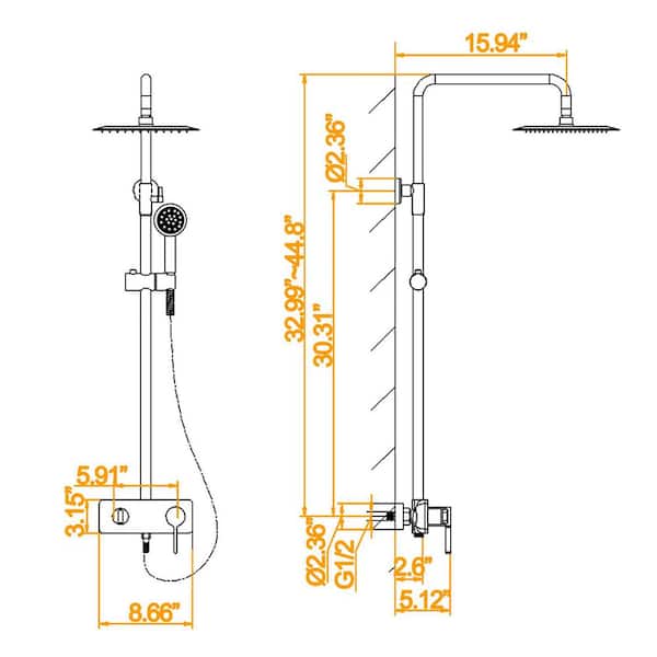 Modern Wall Bar Shower Kit 2-Spray Round Rain Shower Head with Hand Shower in Matte Black