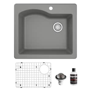 QT-671 Quartz/Granite 25 in. Single Bowl Top Mount Drop-In Kitchen Sink in Grey with Bottom Grid and Strainer
