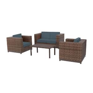 Fernlake 4-Piece Brown Wicker Outdoor Patio Deep Seating Set with Sunbrella Denim Blue Cushions
