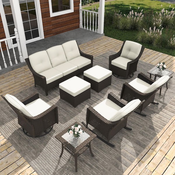 INMITOM 9-Piece Wicker Patio Set with Beige Cushions, 3-Seater Sofa, Rocking Chair, Swivel Chair, Side Table and Ottoman