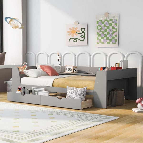 Gray Twin Size Daybed with Shelves, Drawers and Built-In Charging Station