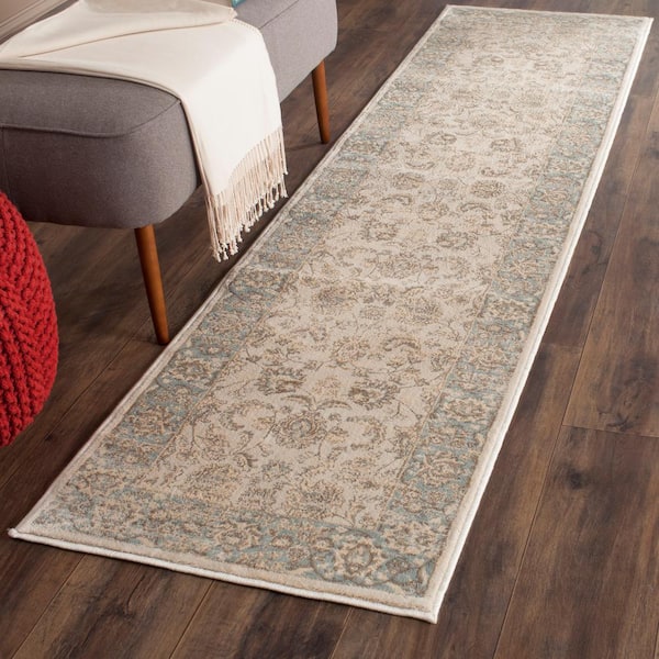 Vintage Ivory/Light Blue 2 ft. x 12 ft. Floral Geometric Border Runner Rug