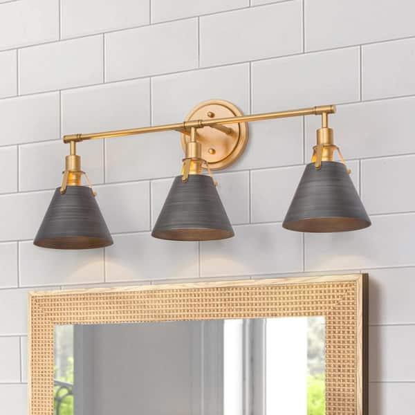Diplomatiske spørgsmål feminin Positiv LNC Industrial Brass Gold Metal Bell Vanity Light 2.1 ft. 3-Light Vintage  Bathroom Powder Room Wall Sconce with Gray Shades EQREAMHD14052Y7 - The  Home Depot