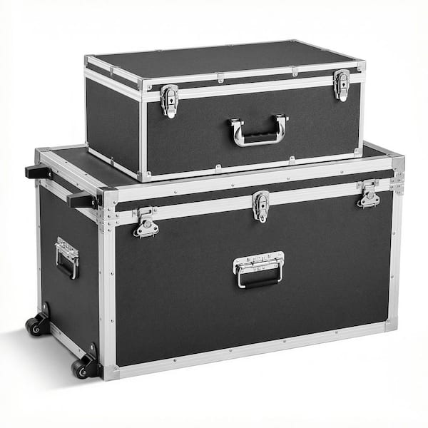Set of 2 Metal Storage Trunks, Wooden Boxes with 32.13 in. Black Backpack, Padlocks, Casters & Handles, Decorative Chest