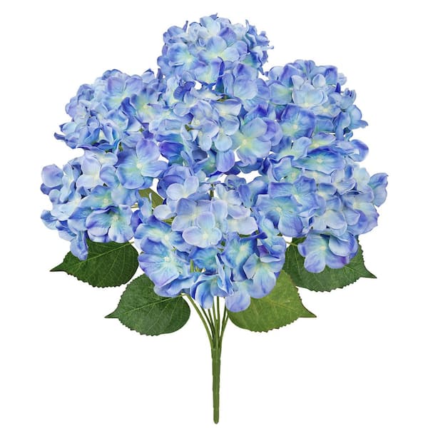 LIVING LUXURY 20 in. Deluxe Natural-Look Blue Artificial Hydrangea Flower Stem Bush Bouquet (Set of 2)