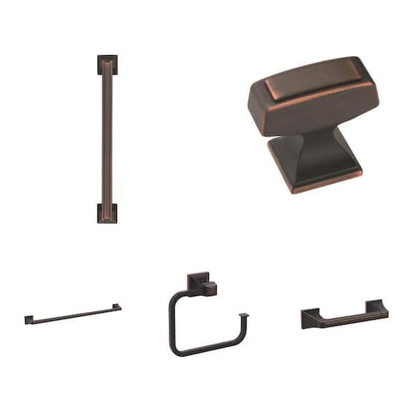 Mulholland Oil-Rubbed Bronze Set: 6-5/16 in. Arch Pull, 1-1/4 in. Knob, 24 in. Towel Bar,5-3/4 in. Towel Ring and Holder