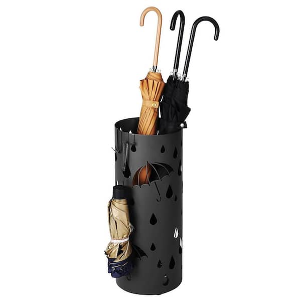 Angel Sar Black Umbrella Stand, Metal Umbrella Holder with Water Tray and 4 Hooks for Entryway