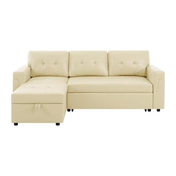 HOMESTOCK 84.64 in. Faux Leather L-Shaped Sleeper Sectional Sofa with Square Arms in Cream Reversible Chaise and Pull-out Sofa Bed