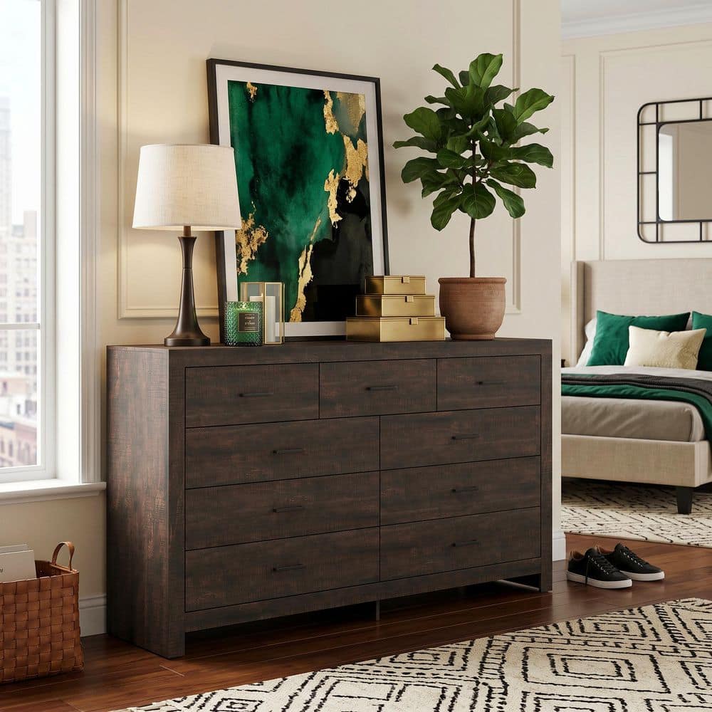FUFU&GAGA Brown 63 in. W Wooden Chest of Drawers, Dresser with 9